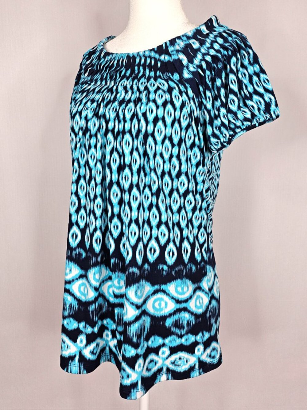 Style & Co | Aqua Blue Ikat Peasant Blouse | Cruise Resort Top | Small
